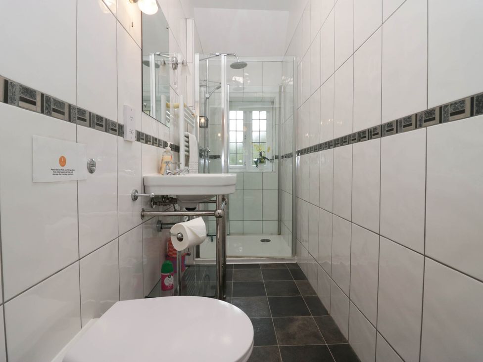 A bathroom with a toilet, sink, and shower at White Gables in Grasmere