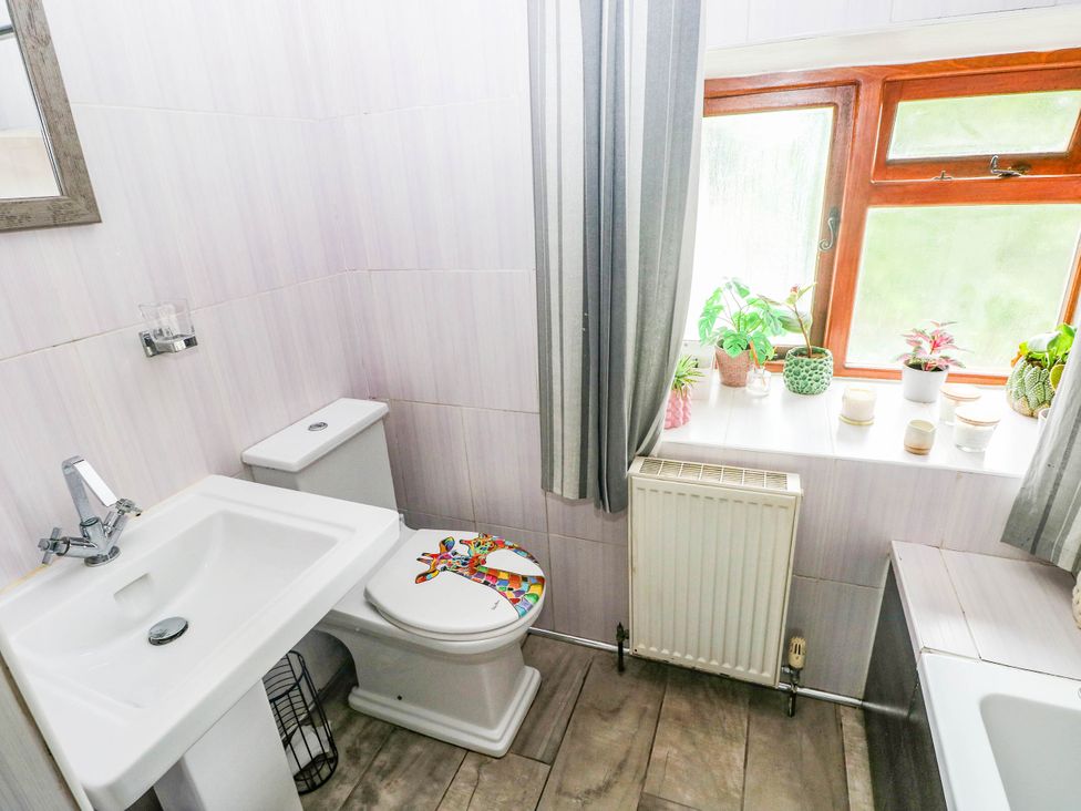 A bathroom with a sink, toilet, window and plants at Greig House Farm in Abergavenny