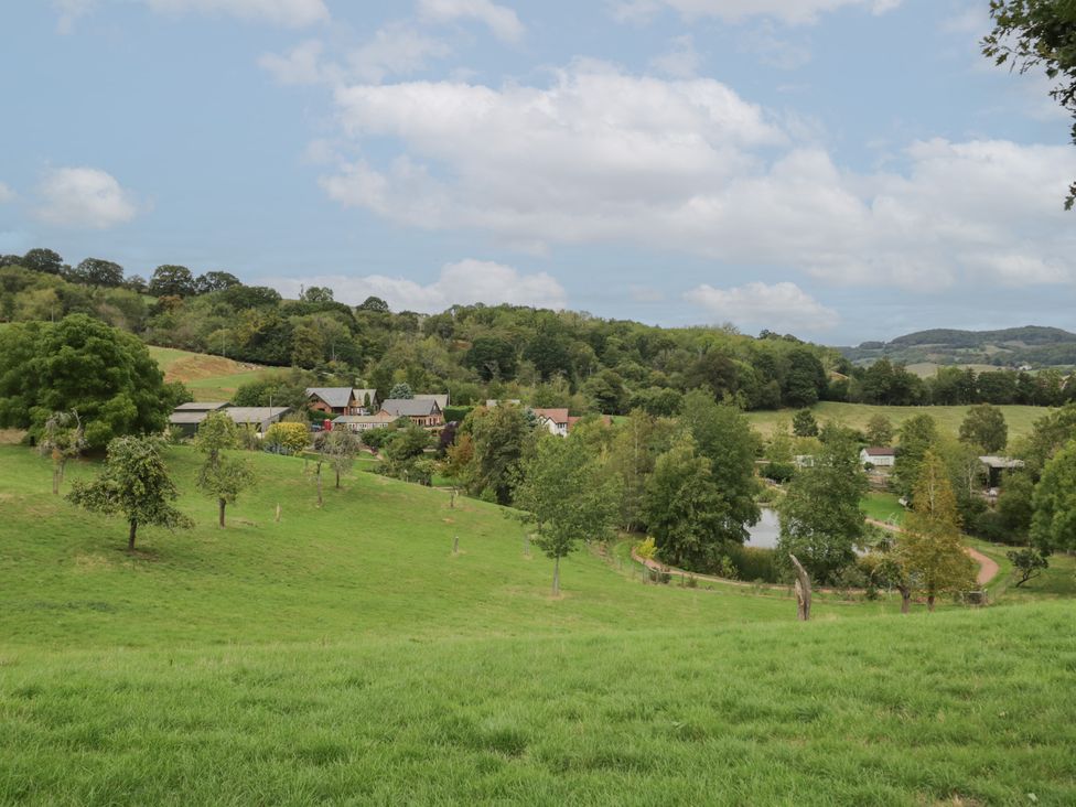 A scenic view of houses and a pond surrounded by greenery at Kingfisher in Worcester
