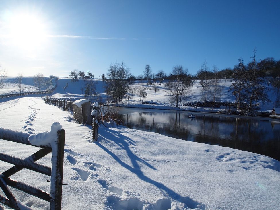 A snowy landscape with a pond and trees at Woodpecker in Worcester