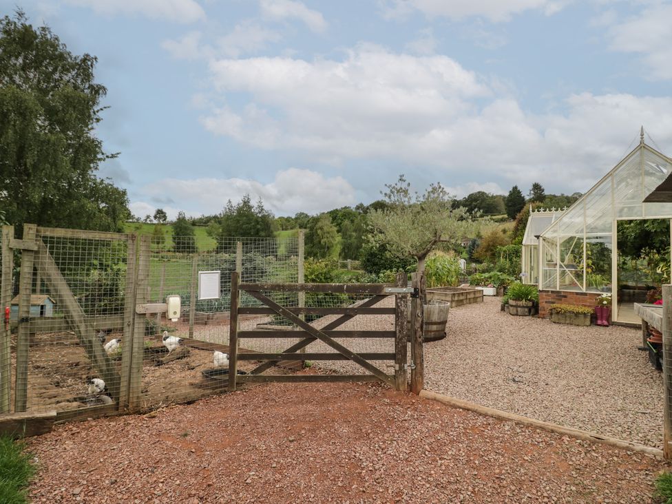 A garden with a greenhouse and a fenced area at Bramley in Worcester