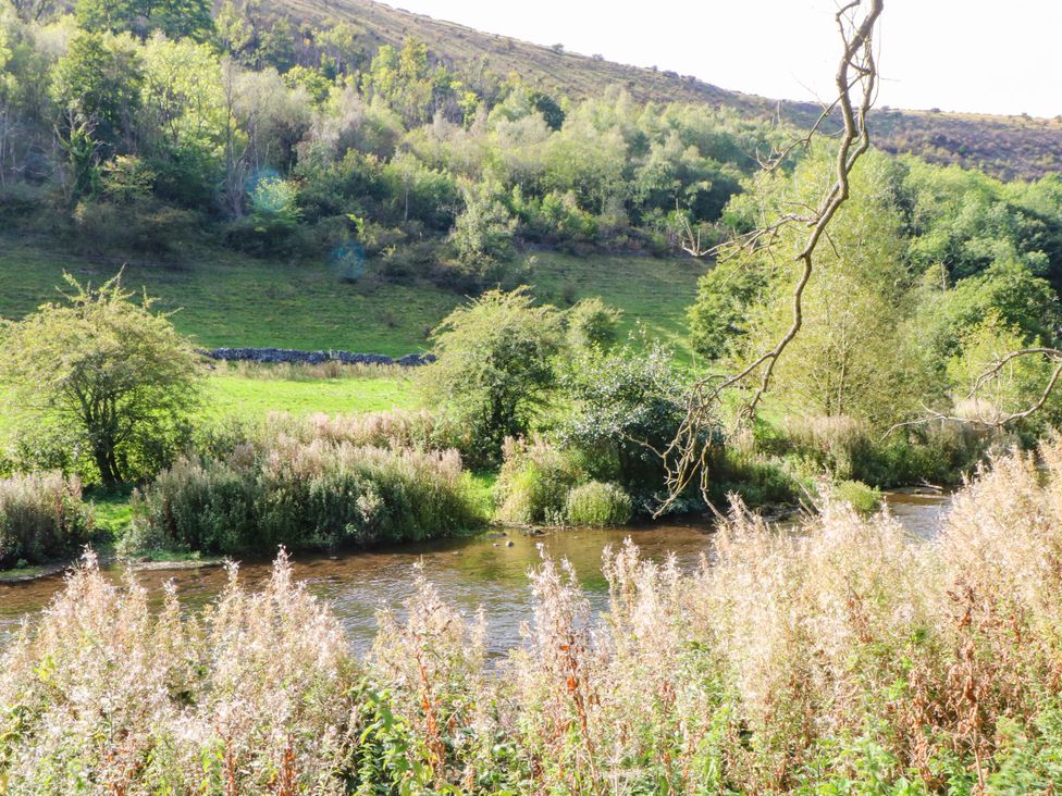 A river surrounded by bushes and trees at 73 Ravensdale Cottages, Cressbrook near Litton, Derbyshire