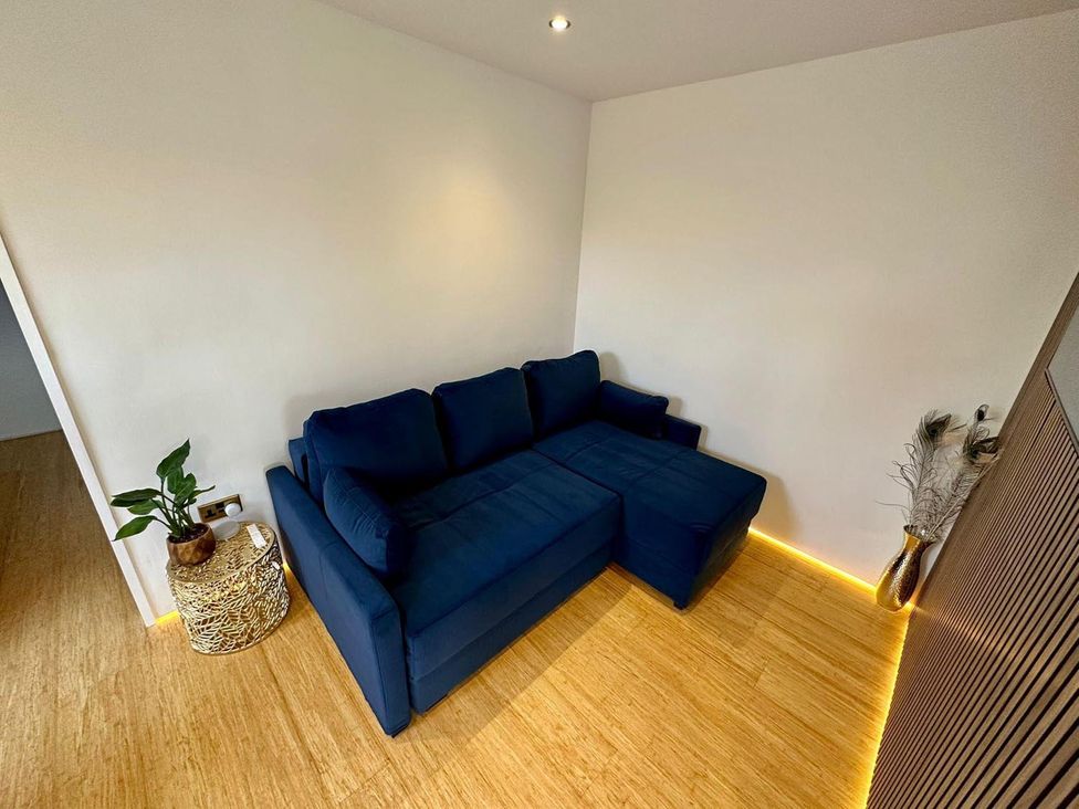 A living room with a blue sofa and a plant at Luxurious guest house in Yorkshire with parking, Hemingbrough, Yorkshire