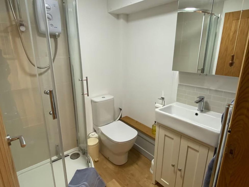 A bathroom with a shower, toilet, sink, and mirror at Quiet, Modern Ground Floor Annex Near Theatr Clwyd, Sychdyn
