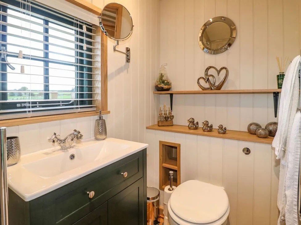 A bathroom with a sink, toilet, and shelf at Shepherd's Hut- Hot Tub- Wellness Spa- Wood Burner Nottingham