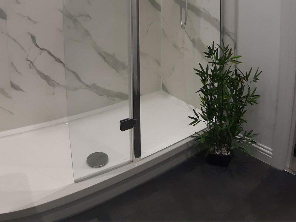 A shower with a glass door and a plant at Modern Apartment - Sleeps 4 - Centrally located, Lanark