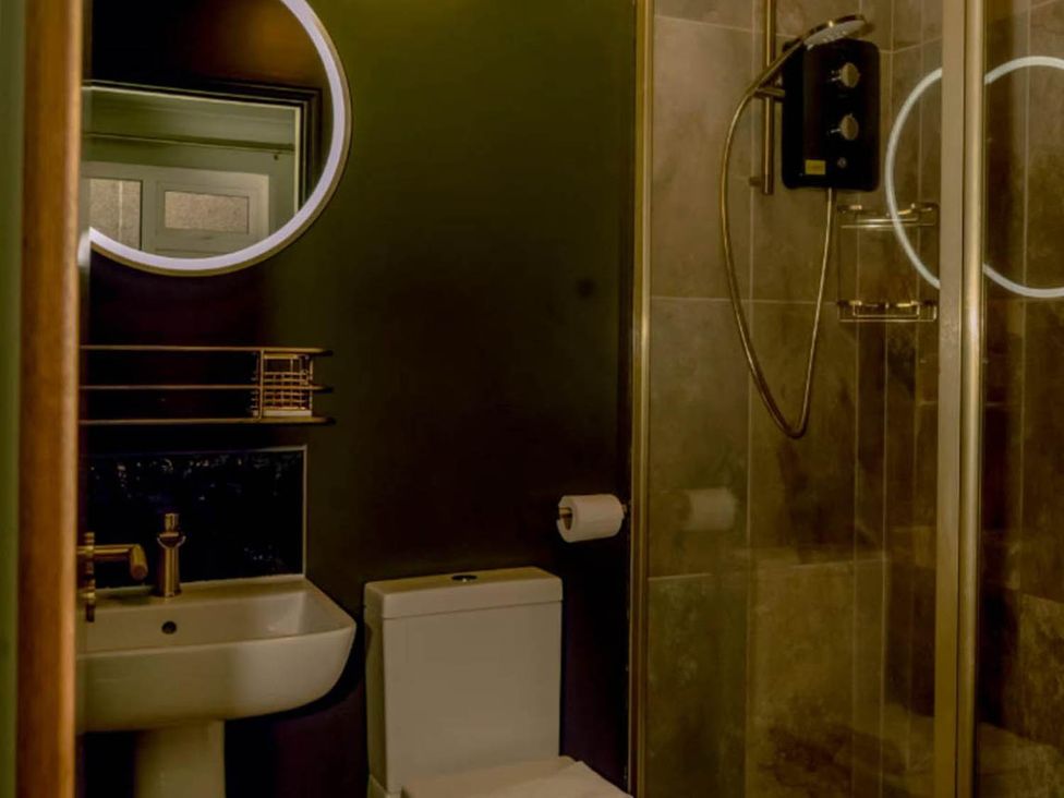A bathroom with a toilet, sink, shower, and mirror at 2 Bedroom Apartment Sleeps 3 - Garden - Pets in Carbis Bay