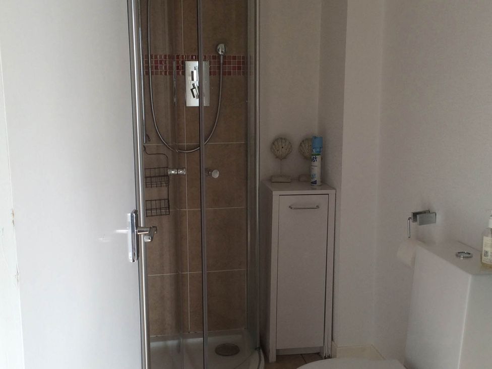 A bathroom with a shower, toilet, and small cabinet at PetFriendly Beachfront Sunset Facing Porch Garden in Portmahomack