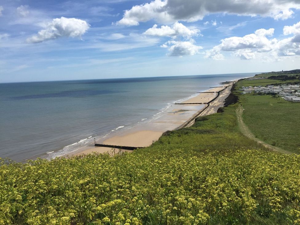 A beach with a pier and grass area at Beck Cottage in Sheringham