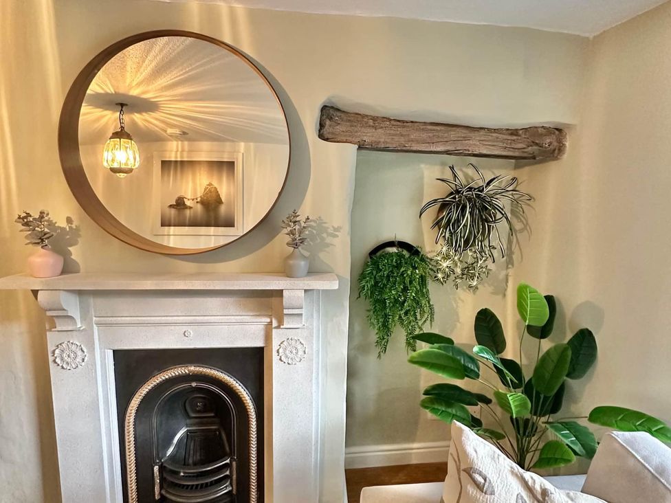 A living room with a fireplace and plants at Muddy Boots – Arcade Royale, Kirby Stephen