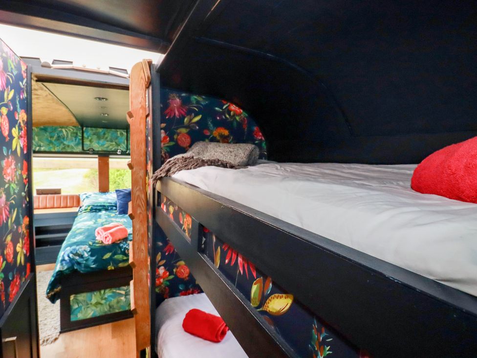 A bedroom with bunk beds and floral wallpaper at Honey Bee Bus in Menheniot