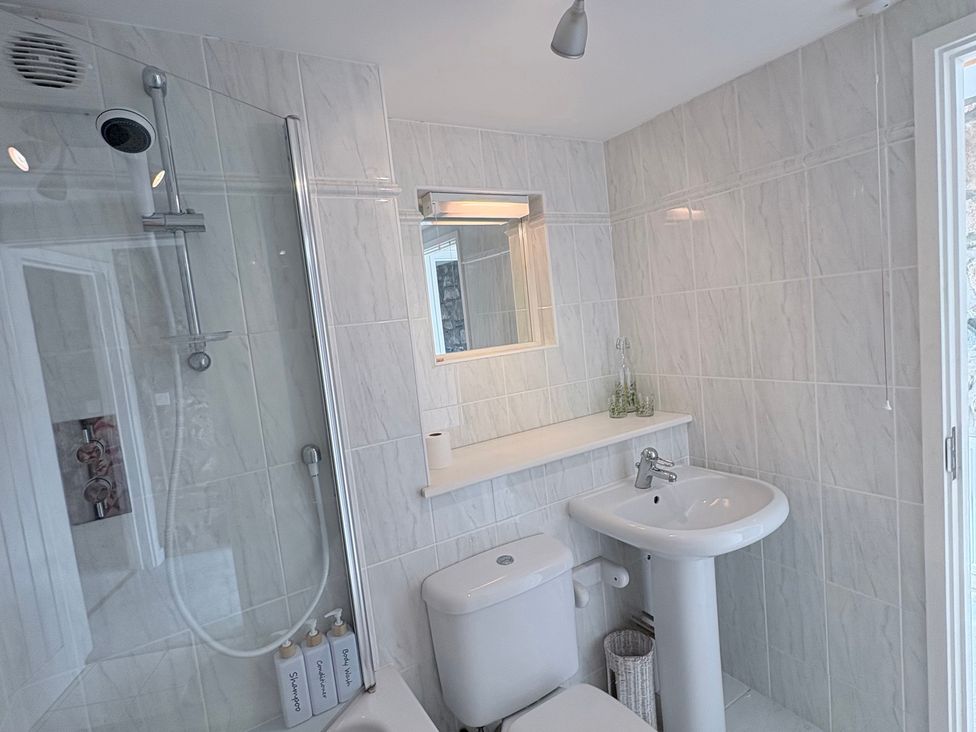 A bathroom with a shower, toilet, and sink at Hafan y Tyddyn in Newport, Pembrokeshire
