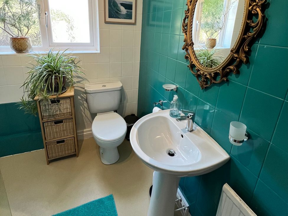 A bathroom with a sink, toilet, and plant at Ty Marlyn in St Davids