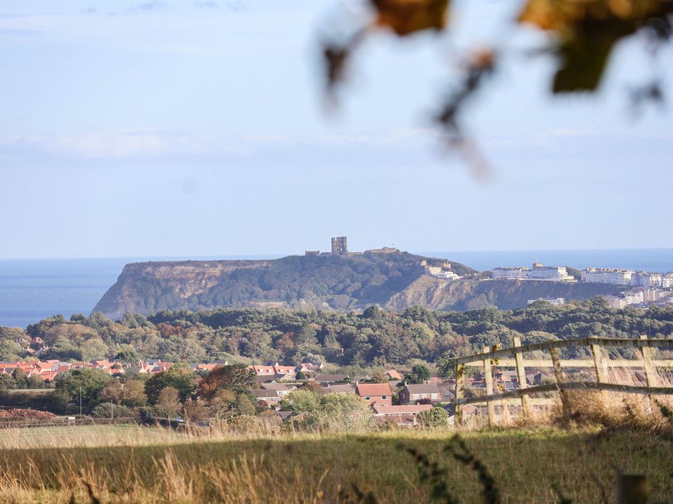 A view of a cliff with a castle facing the ocean at Tawny Cottage in Scarborough
