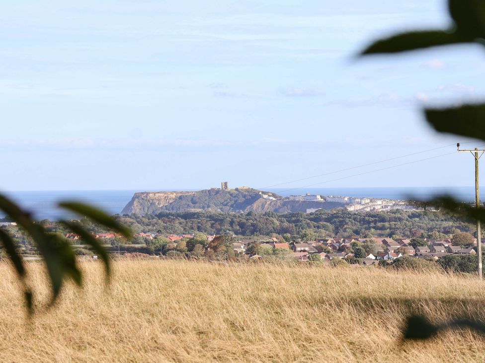 A landscape view of a hill and ocean with buildings in the distance at Tawny Cottage Scarborough