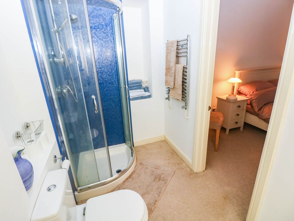 A bathroom with a shower and toilet at Basement Apartment in Tenby