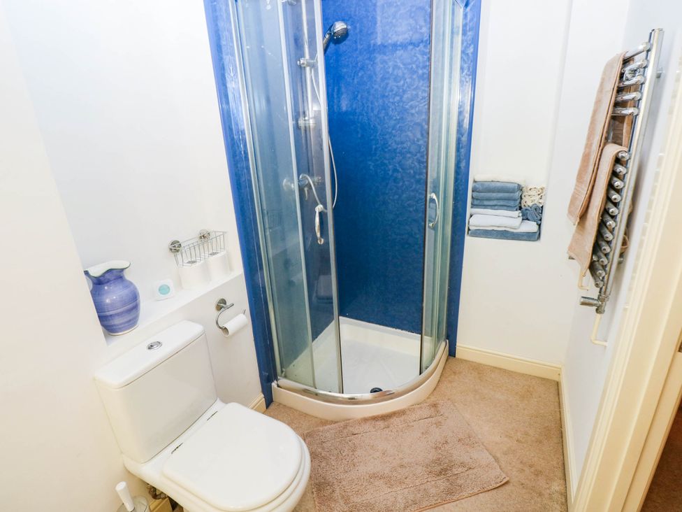 A bathroom with a shower and toilet at Basement Apartment in Tenby