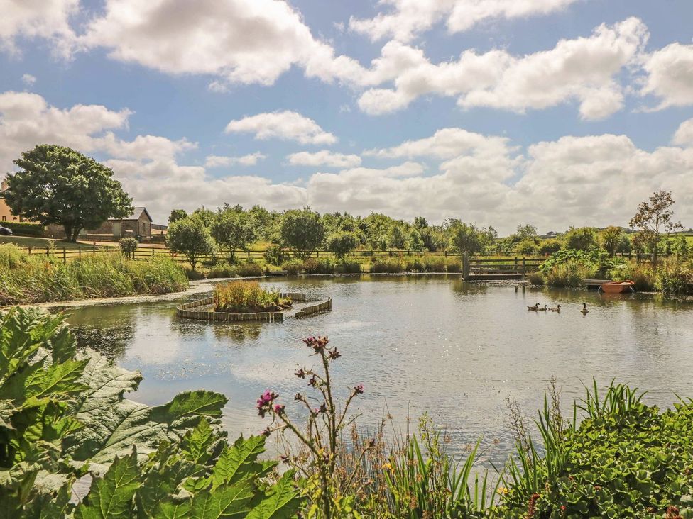 A pond with trees and a boat at Hawthorn Cottage in Truro