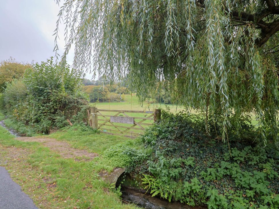 A pathway leading to a gate amidst green bushes at Coombe Cottage Apartment Axmouth