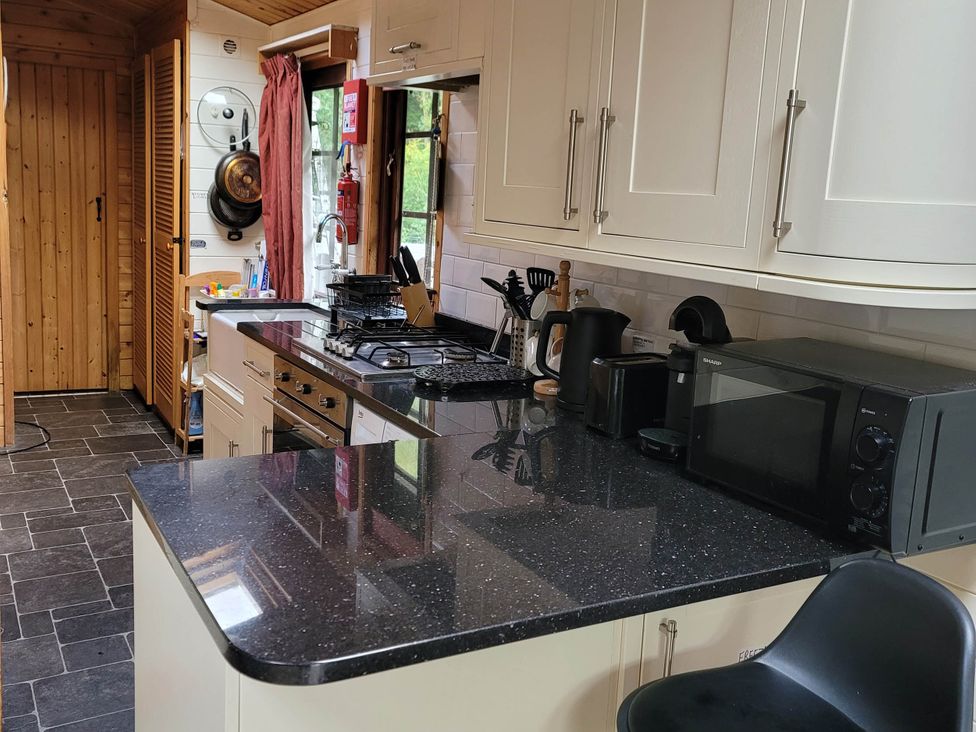 A kitchen with a stove and microwave at River Lodge in Lynbridge near Lynmouth
