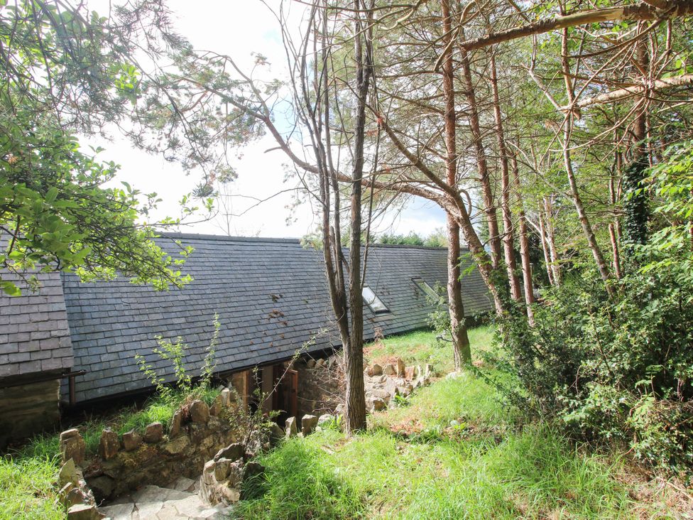 An outdoor area with a building roof and stone steps at The Duck House at Hyssington Farm near Montgomery