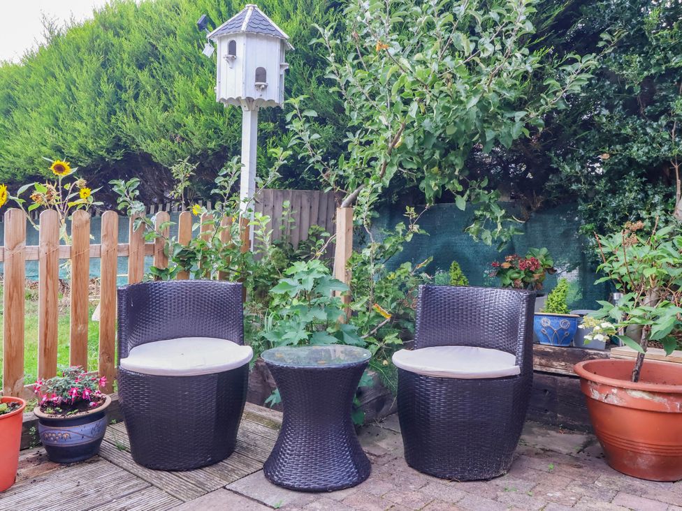 A garden with two chairs and a table surrounded by plants at The Snug in 