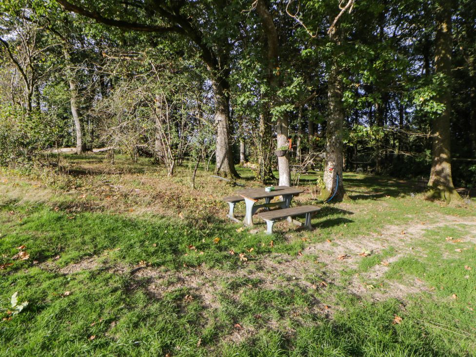 A table and benches in a garden area at Bell Tent Builth Wells