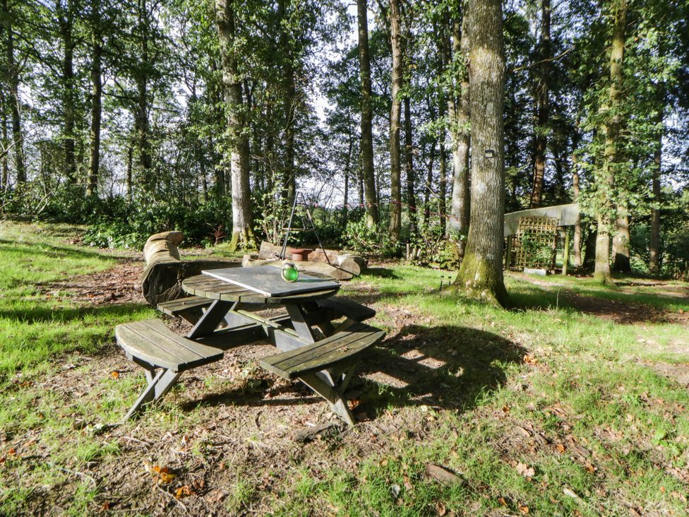 An outdoor seating area with a picnic table and logs at Bell Tent in Builth Wells