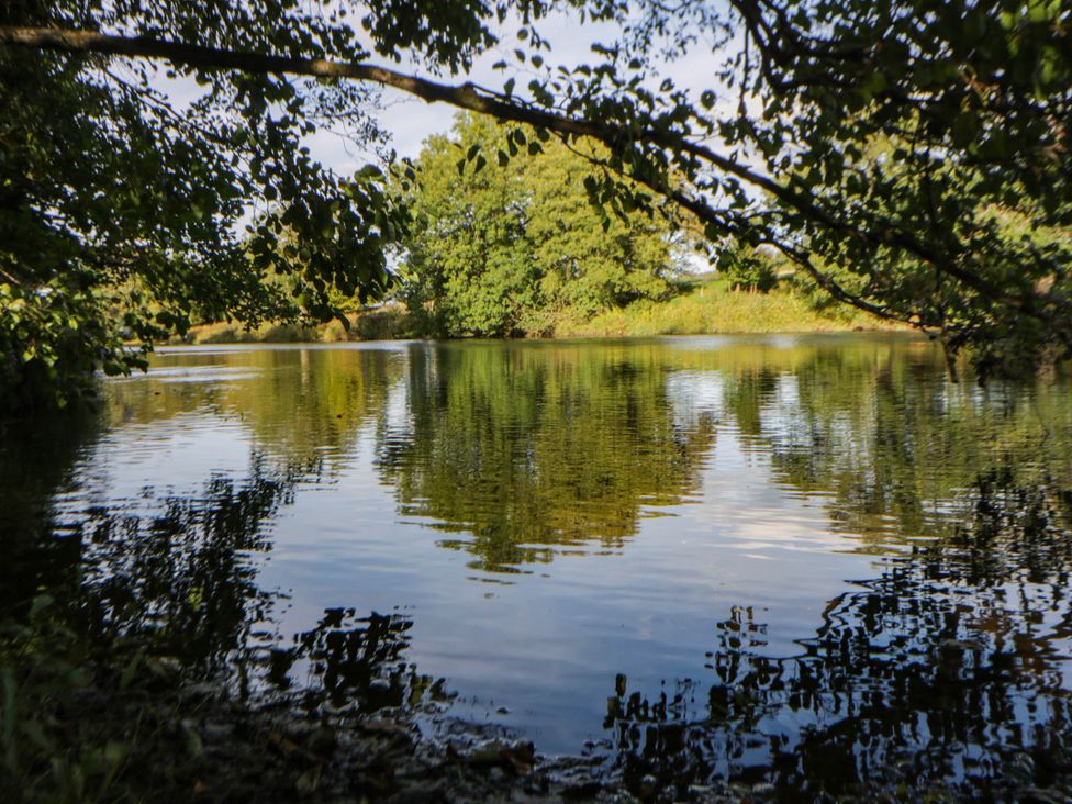 A view of a body of water surrounded by trees and reflecting the sky at Bell Tent in Builth Wells
