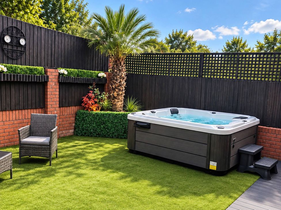 A garden with a hot tub and outdoor furniture at 20A Westend Parade in Gloucester