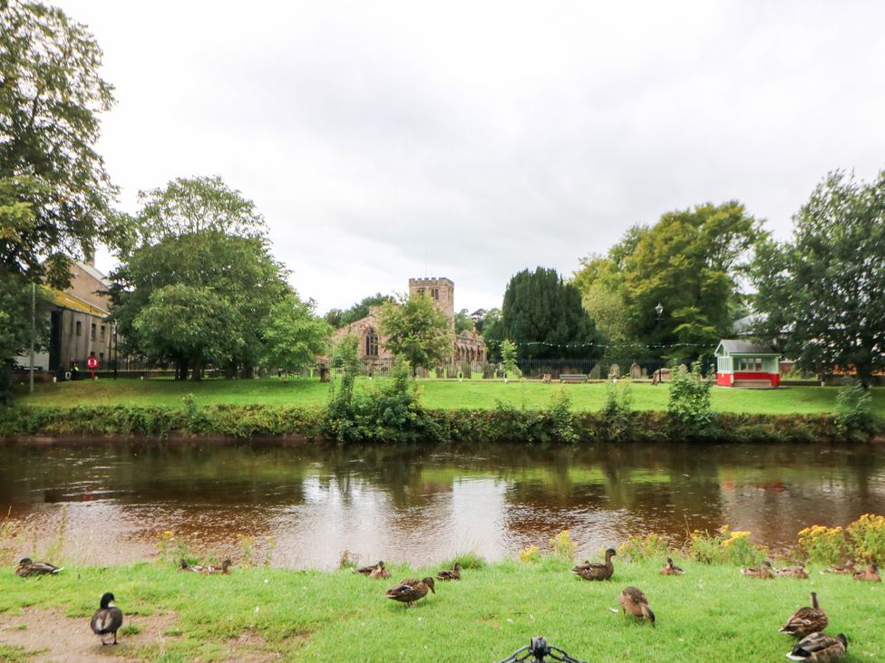 A view of a river with ducks and trees next to a building in Appleby-In-Westmorland