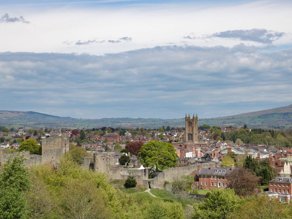 A view of a town with castle walls and a clock tower at The Half Boar in Bishop's Castle