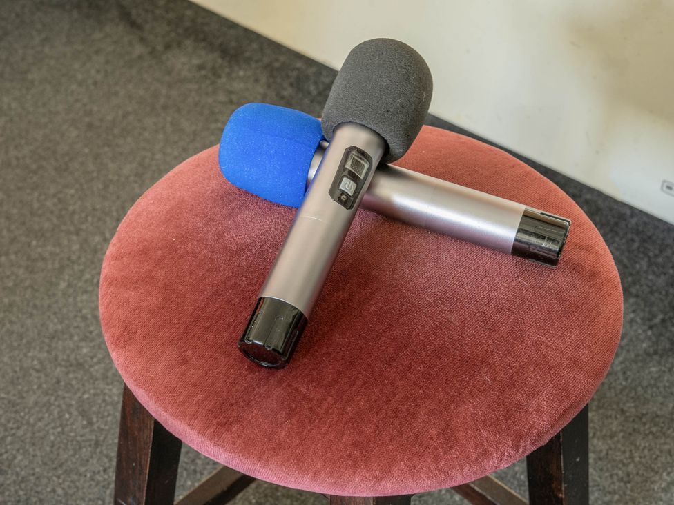 Two microphones on a stool at The Half Boar in Bishop's Castle