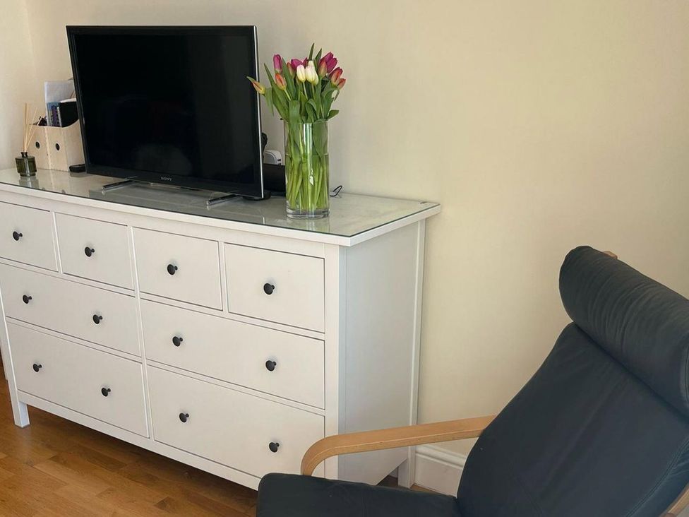 A living room with a television on a dresser and a vase of tulips at Cardiff Apartment, sleeps 6, Castle and Stadium nearby, Cardiff
