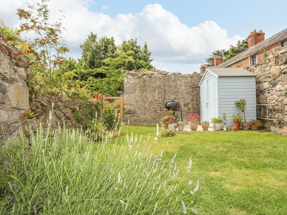 A garden with a shed and barbecue at Swn y Mor in Beaumaris