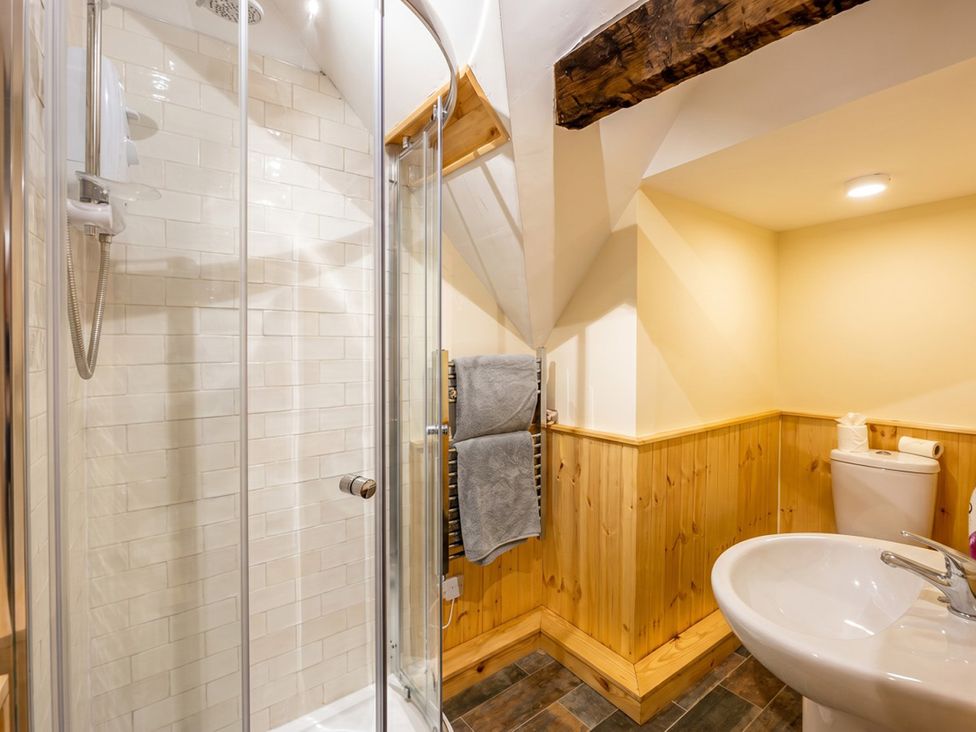 A bathroom with a shower, toilet, and sink at Tynewydd Farmhouse
