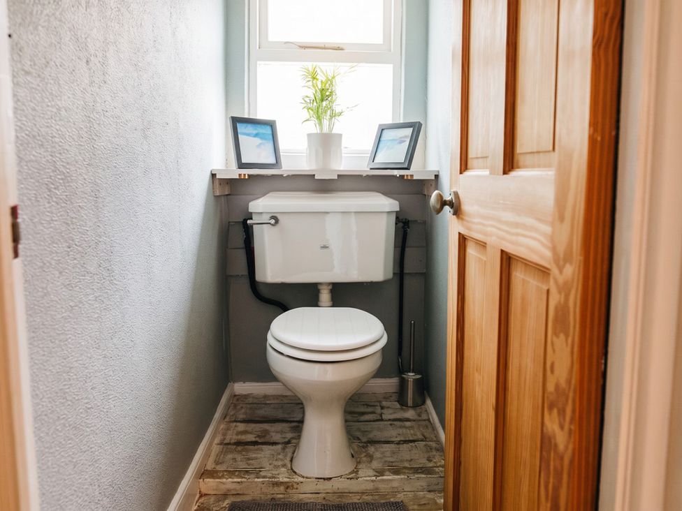 A bathroom with a toilet and potted plant at The Old Barn in Manchester