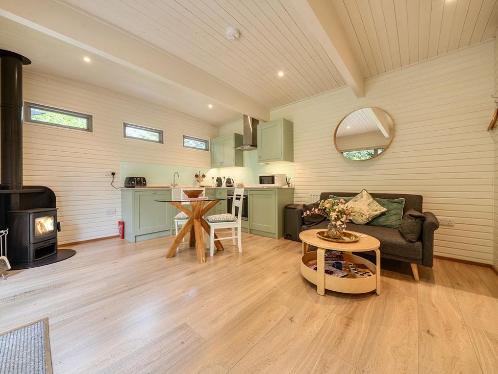 A living room with kitchen area and stove at a property