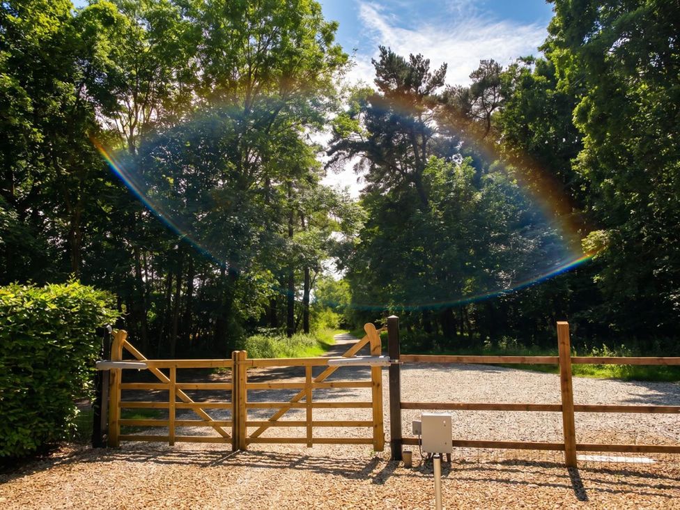 A gate leading to a path surrounded by trees at a property