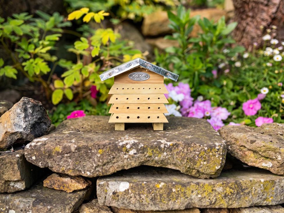 A birdhouse on a stone surface in a garden
