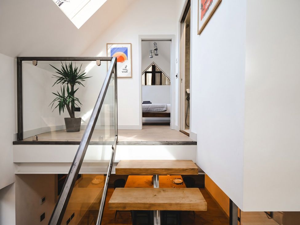 A hallway with a plant and stairs at Emery Street Lodge