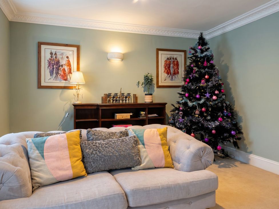 A living room with a Christmas tree and decorative cushions at Circus Mews Townhouse