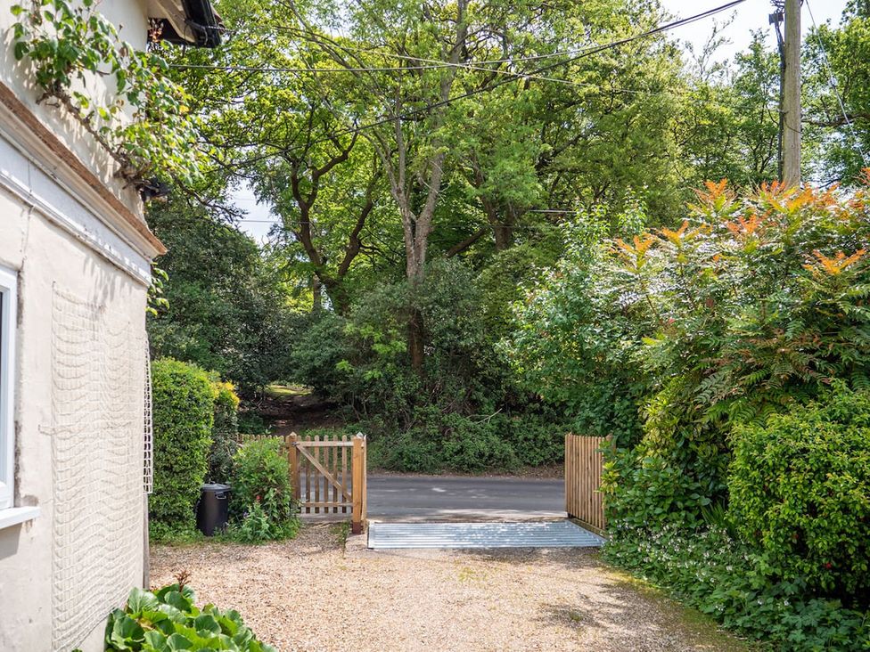 An outdoor view featuring a gate leading to a road with trees and bushes at 