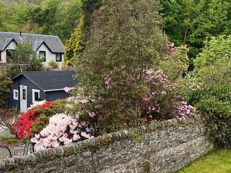 A house and shed with flowers and trees at 2 bed Lodge near Dunoon on the Shore Front Innellan near Dunoon
