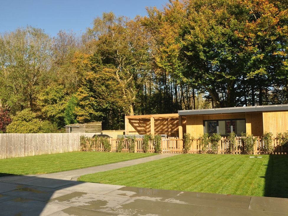 A garden with a wooden building and grass at Berisal in Ashford