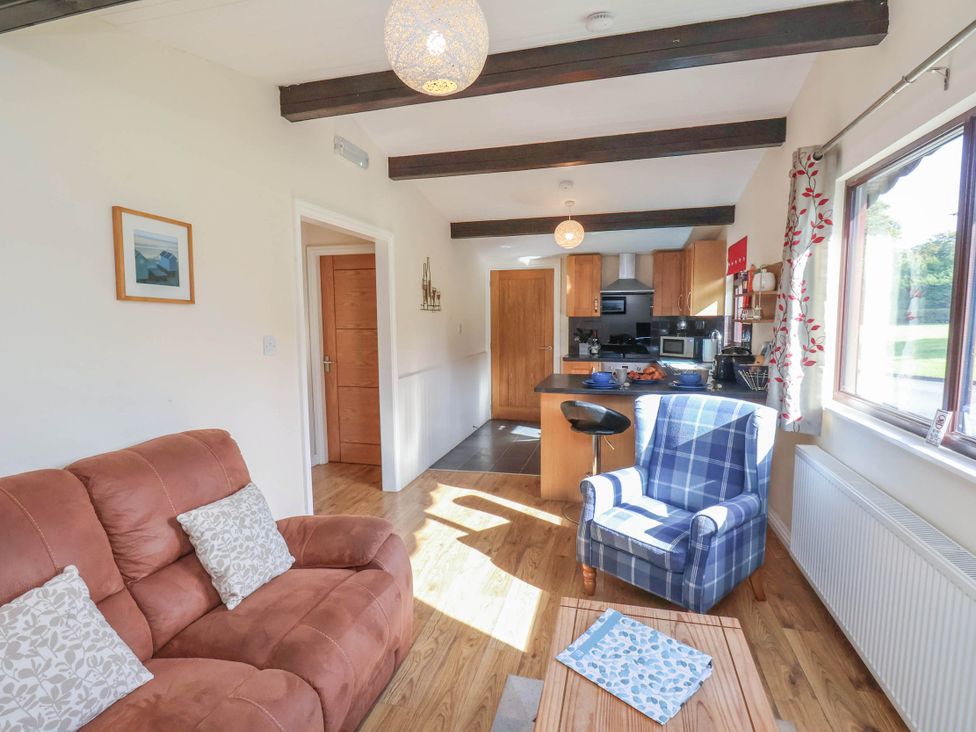 A living room with a sofa and an armchair at Primrose Lodge in Saltburn-by-the-Sea