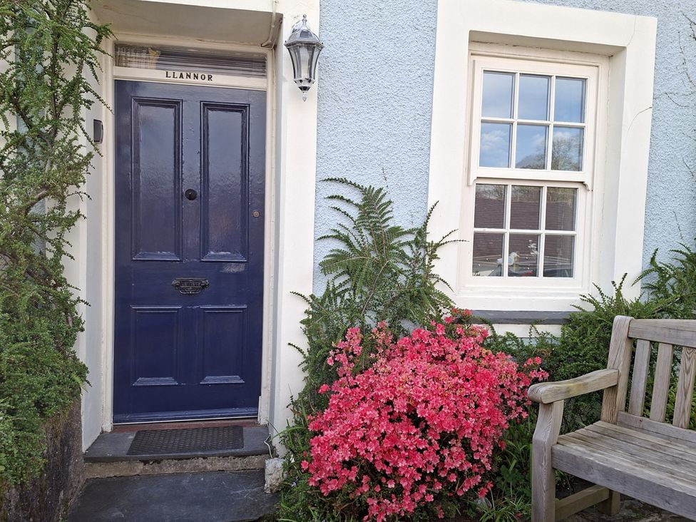 A door and window with flowers and plants at Llannor in Borth-y-Gest