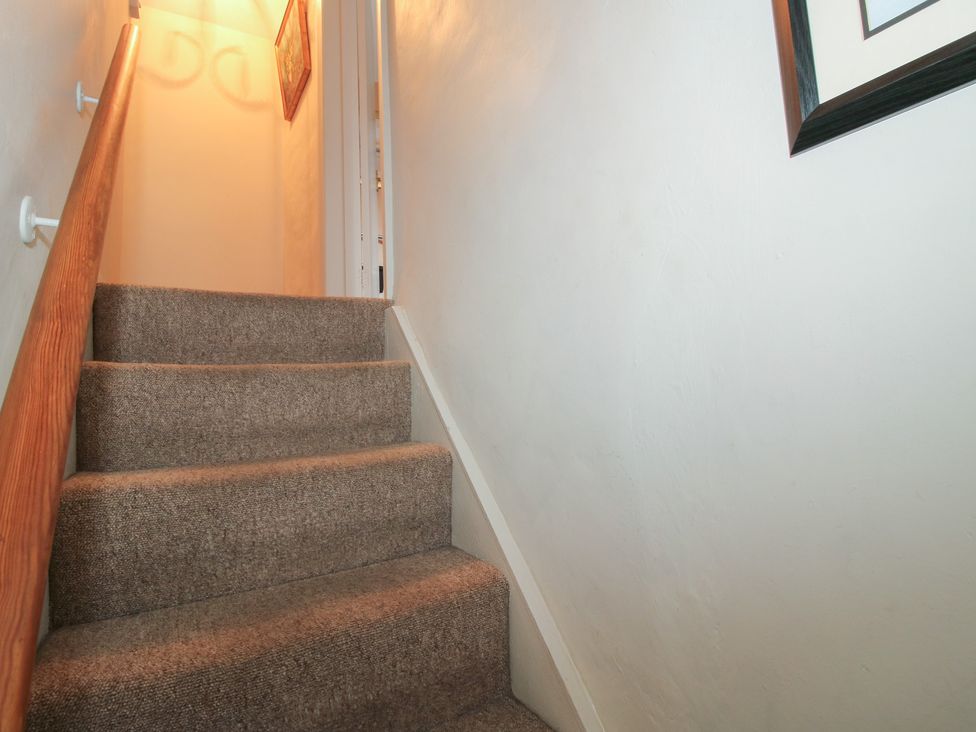 A staircase with carpet and a handrail at Cariad Cottage in Ludlow