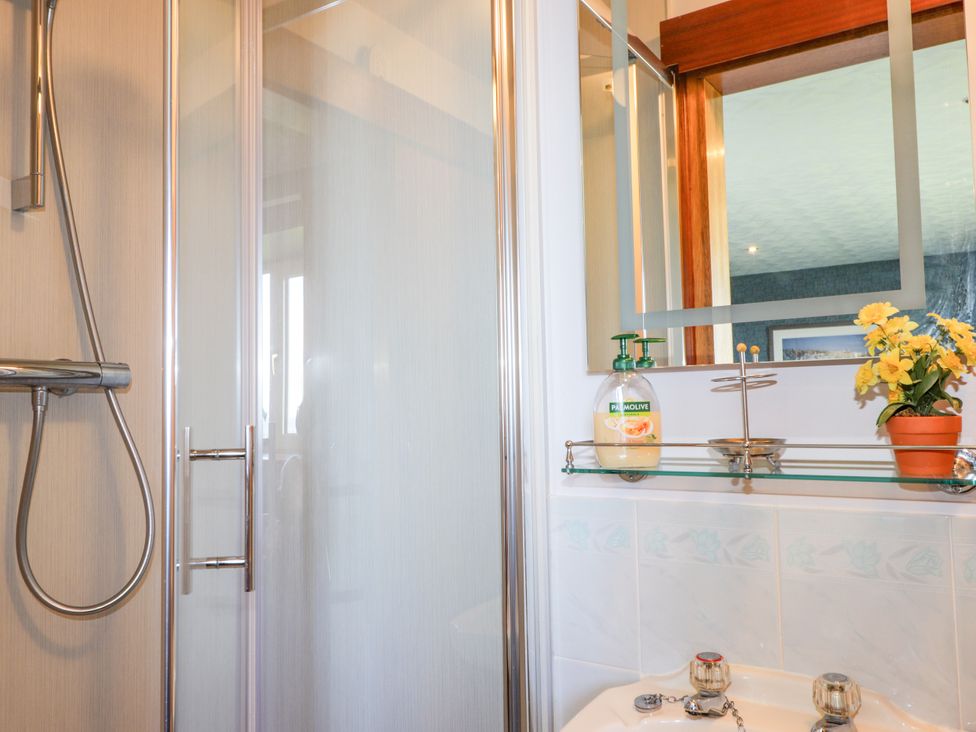A bathroom with a shower and sink at Braehead Croft Portessie near Buckie