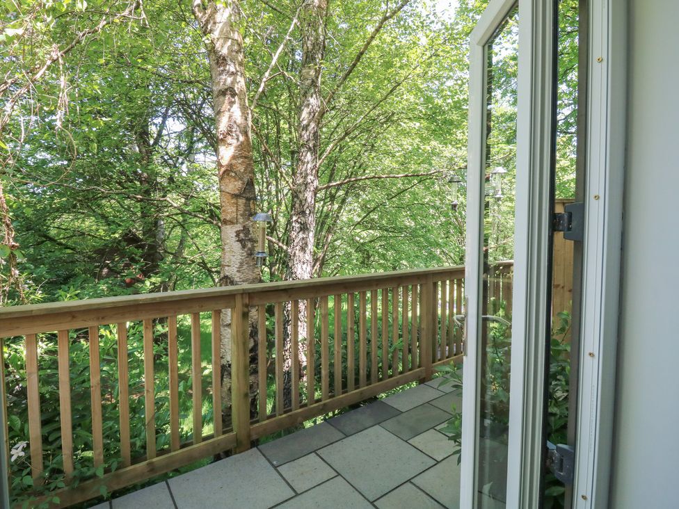 A balcony with wooden railing overlooking trees and greenery at Treetops in Southerton